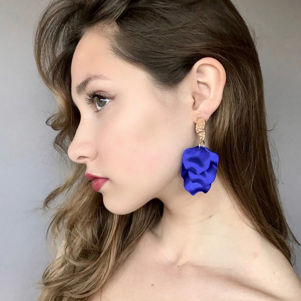 Statement electric blue petal earrings, cascade petal earrings, design earrings, blue flower earrings, unique earrings, gift for her