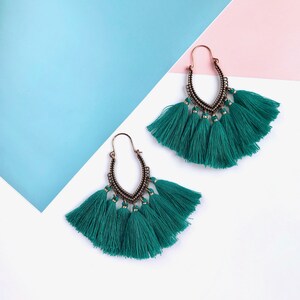 Emerald green tassel earrings, statement green earrings, bohemian tassel earrings, gift ideas, drop earrings