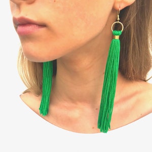 Green Tassel Earrings, Green boho tassels, Statement Green Earrings, XL Tassel earrings, Gift Ideas, Drop Earrings, gift for her