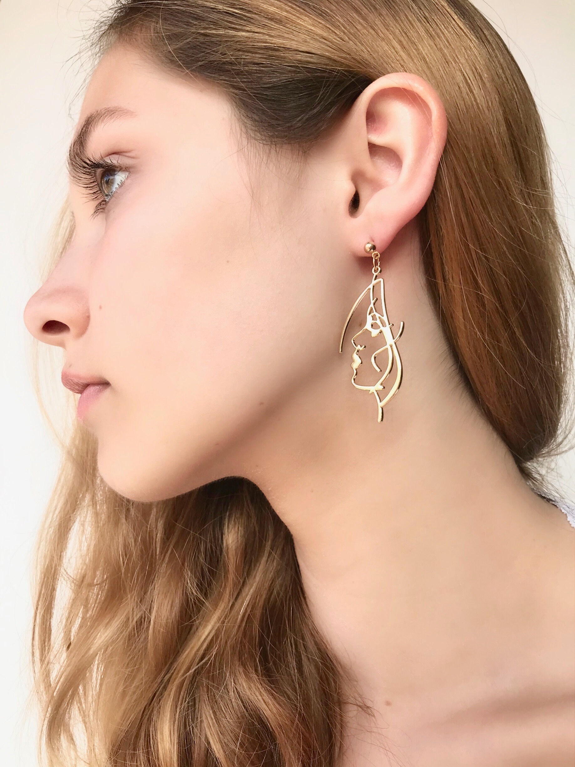 Face profile earrings wire earrings art earrings face Etsy