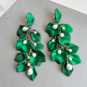 Emerald green petal earrings, statement green earrings, pearl petal earrings, long drop earrings, unique earrings, waterfall earrings, gifts