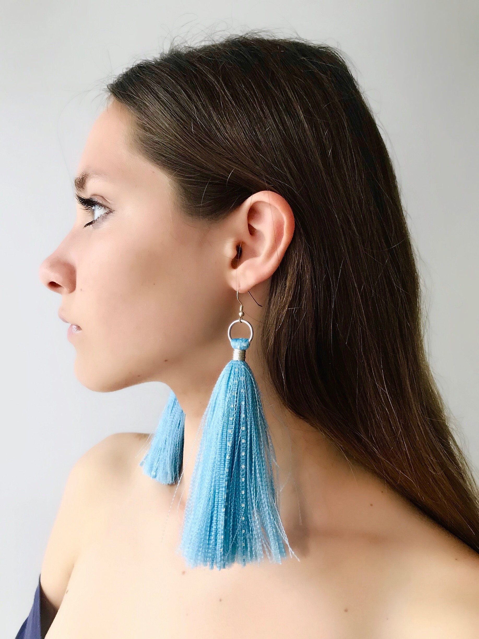 Light blue tassel earrings deals