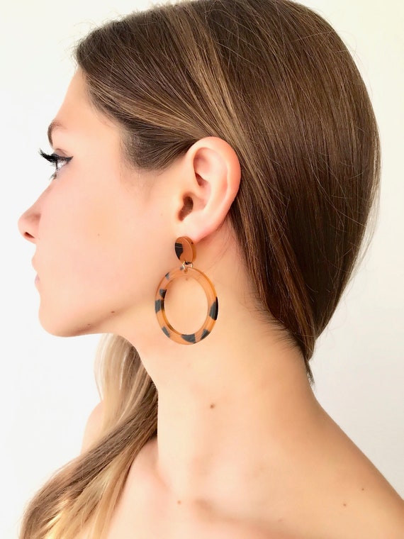 Tortoise Shell Hoop Earrings Brown Printed Acrylic Hoops