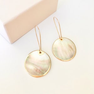 Mother of pearl shell earrings, large disk drop earrings, geometric earrings, minimalist jewelry, mother day gift, statement shell earrings