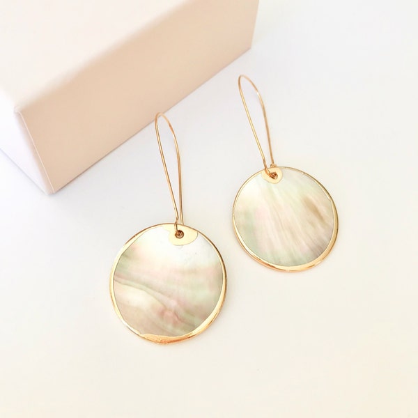 Mother of pearl shell earrings, large disk drop earrings, geometric earrings, minimalist jewelry, mother day gift