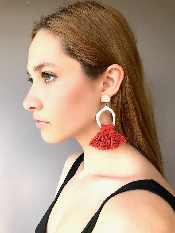 Burnt Orange Tassel Earrings Boho Jewelry Statement Tassel