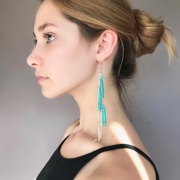 Turquoise drop earrings, silver chain earrings, statement dangle earrings, boho tassel earrings, gift for her, geometric earrings, gifts
