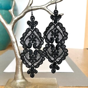 Black lace earrings, large French lace earrings, black textile earrings, statement black earrings, lightweight earrings  •Limited Edition•