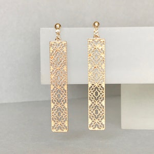 Long bar filigree earrings, gold geometric earrings, rectangle earrings, laser cut earrings, statement earrings, bar necklace, gift for her