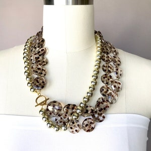 Statement necklace, brown print bead necklace, gold necklace, gift idea