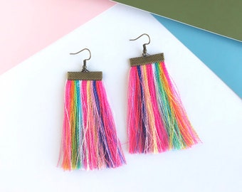 Rainbow tassel earrings, rainbow boho tassel, bohemian jewelry, fun jewelry, summer earrings, statement earrings