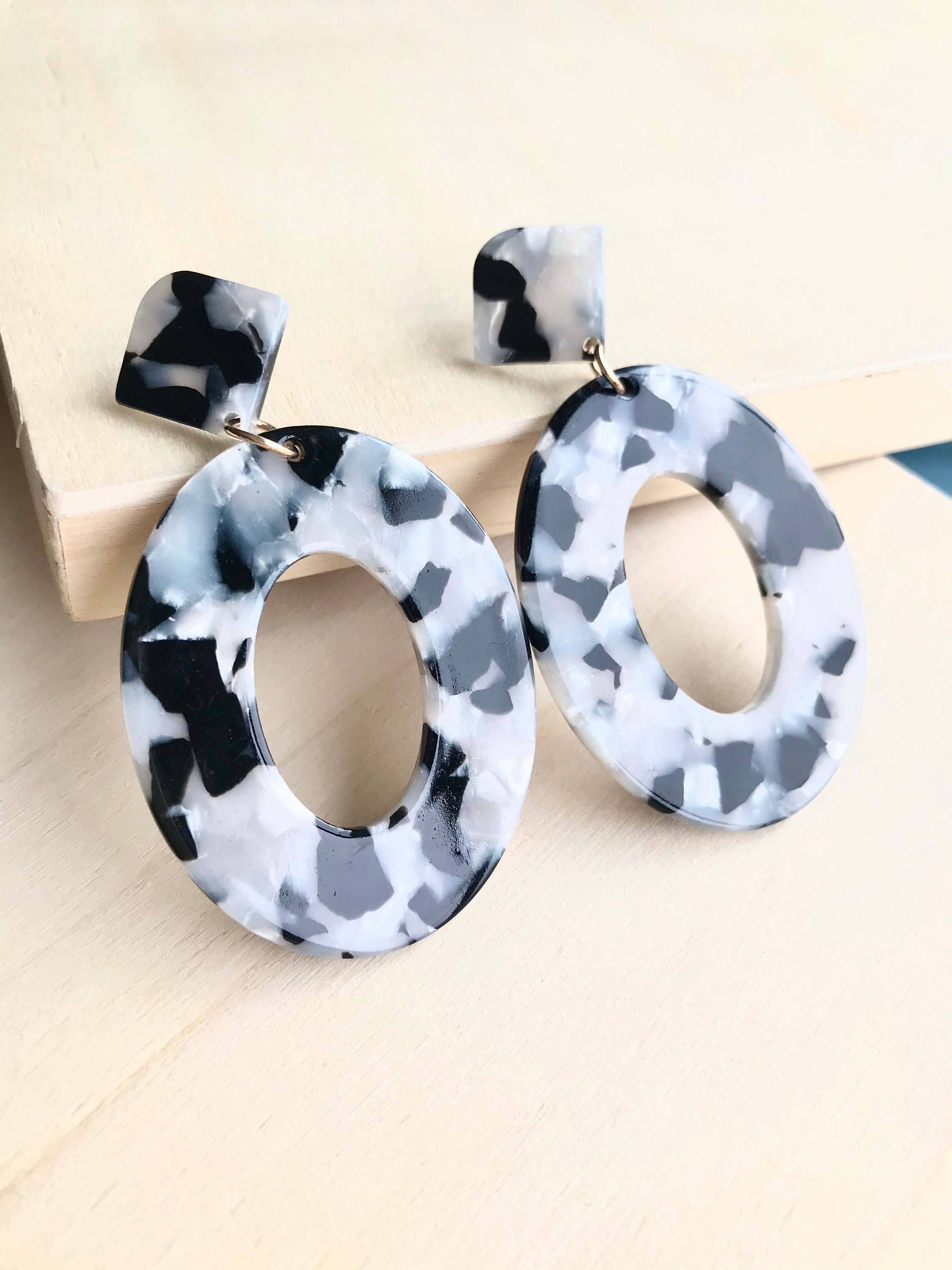 Tortoise blue acrylic earrings geometric earrings oval shape | Etsy