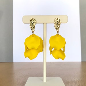 Canary yellow statement petal earrings, yellow cascade earrings, design earrings, yellow flower earrings, unique earrings