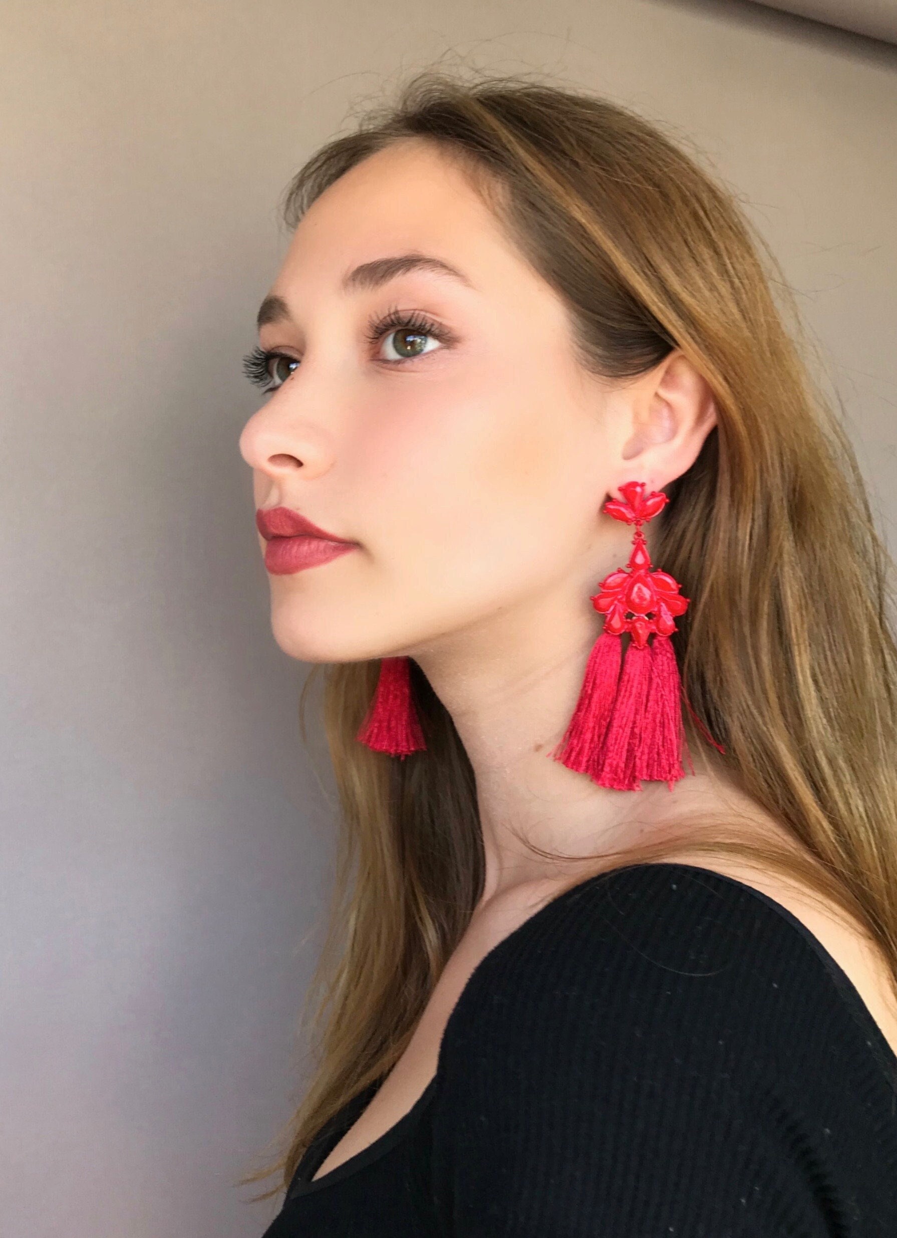 Red Tassel Earrings Holiday Earrings Modern Boho - Etsy