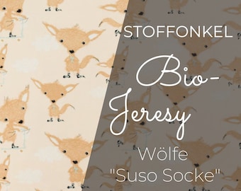 17 Euro/m Bio Jersey STOFFONKEL mit Muster Meterware Fuchs Wolf Suso Socke peach