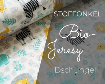 17 Euro/m Bio Jersey STOFFONKEL mit Muster Meterware Dschungel Löwen Giraffen Zebras und Nashörner Unisex