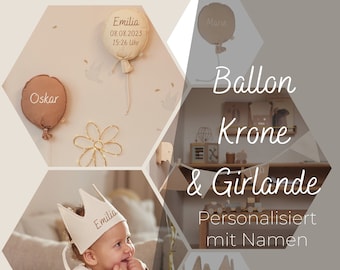 Ballon, Krone und Wimpelkette personalisiert - Kinderzimmerdekoration Musselin Geburtstagskrone