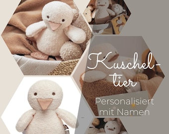 Kuscheltier personalisiert - Ente Emil - Entlein kuschelweich mit Name Knister und Rassel