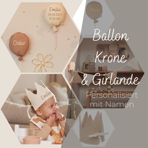 Balloon, crown and pennant chain personalized - children's room decoration muslin birthday crown