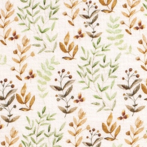 0.5 Meter Muslin 100% Cotton Fabric Muslin fabric Digital Print Gauze Meterware Leaves Flowers Eucalyptus Green Baby Fabric Eco-Tex 100 Ecru