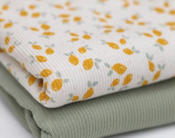 Small Lemon Rib Knit Jersey Fabric Tiger Lemon Design | Cotton Jersey with Lycra | Rib Jersey Stretch Fabric | Ribbed Fabric by the Meter