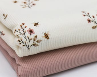 Bee Flower Meadow Ribbed Jersey Fabric | Cotton Jersey with Lycra | Ribbed Jersey Stretch Fabric | Ribbed Fabric by the Meter Honeybees Blossoms