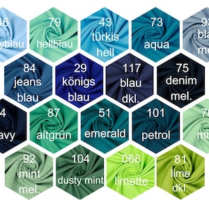May include: Color chart with 16 fabric swatches in various shades of blue, green, and mint. Each swatch is labeled with a number and a descriptive name in German.