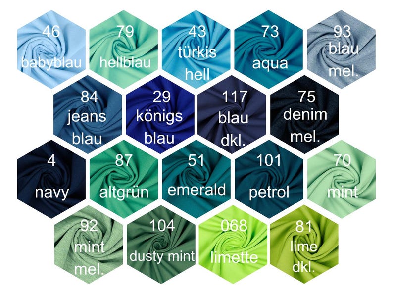 May include: Color chart with 16 fabric swatches in various shades of blue, green, and mint. Each swatch is labeled with a number and a descriptive name in German.