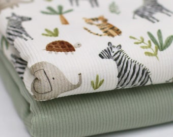 Safari Zebra Elephant Ribbed Jersey Fabric Tiger Turtle | Cotton Jersey with Lycra | Ribbed Jersey Stretch Fabric | Ribbed Fabric by the Meter