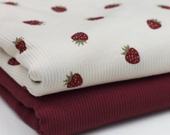 Strawberry rib knit jersey fabric, burgundy | Cotton jersey with Lycra | Rib jersey stretch fabric | Ribbed fabric by the meter | Fruit