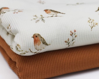 Robin ribbed jersey fabric | Cotton jersey with Lycra | Ribbed stretch fabric | Ribbed fabric by the meter | Birds nature