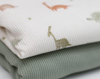 Dinosaur Rib Knit Jersey Fabric | Cotton Jersey with Lycra | Rib Jersey Stretch Fabric | Ribbed Fabric by the Meter | Dinosaur Animals