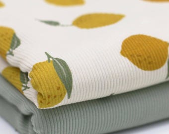 Large Lemon Rib Knit Jersey Fabric Tiger Lemon | Cotton Jersey with Lycra | Rib Jersey Stretch Fabric | Ribbed Fabric by the Meter