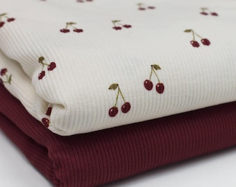 Cherry Rib Knit Jersey Fabric Bordeaux | Cotton Jersey with Lycra | Rib Jersey Stretch Fabric | Ribbed Fabric by the Meter | Fruit Cherry
