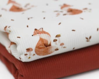 Fox Ribbed Jersey Fabric | Cotton Jersey with Lycra | Ribbed Stretch Fabric | Ribbed Fabric by the Meter | Autumn Fox, Autumn, Mushrooms, Forest
