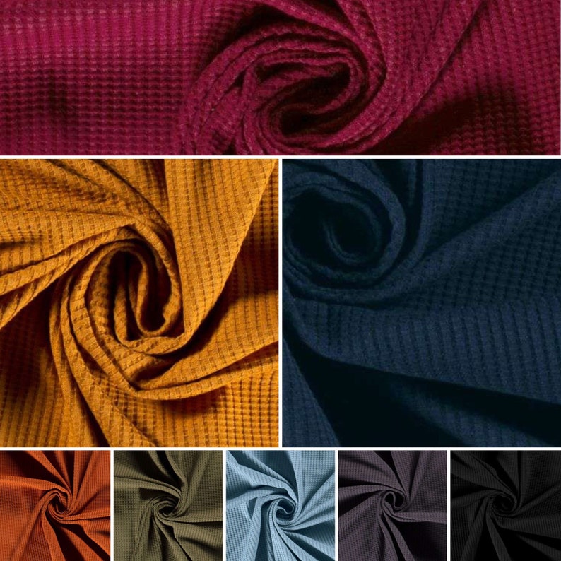 May include: A variety of waffle knit fabrics in different colors, including burgundy, mustard yellow, navy blue, rust orange, olive green, light blue, charcoal gray, and black.