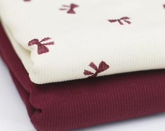 Ribbed Jersey Fabric with Bows, Bordeaux | Cotton Jersey with Lycra | Ribbed Stretch Jersey Fabric | Ribbed Fabric by the Meter | Bows