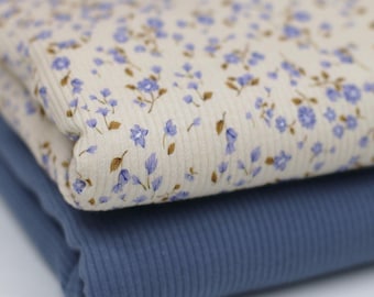 Mini floral rib knit jersey fabric, blue ecru | Cotton jersey with Lycra | Rib jersey stretch fabric | Ribbed fabric by the meter | Fabric for sewing