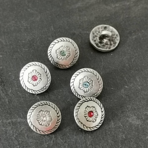 Dirndlknopf kristall metall rund 15mm - grün, kristall, rosa, blau, Dirndlknöpfe Trachtenknöpfe Metallknöpfe Ösenknöpfe altsilber silber