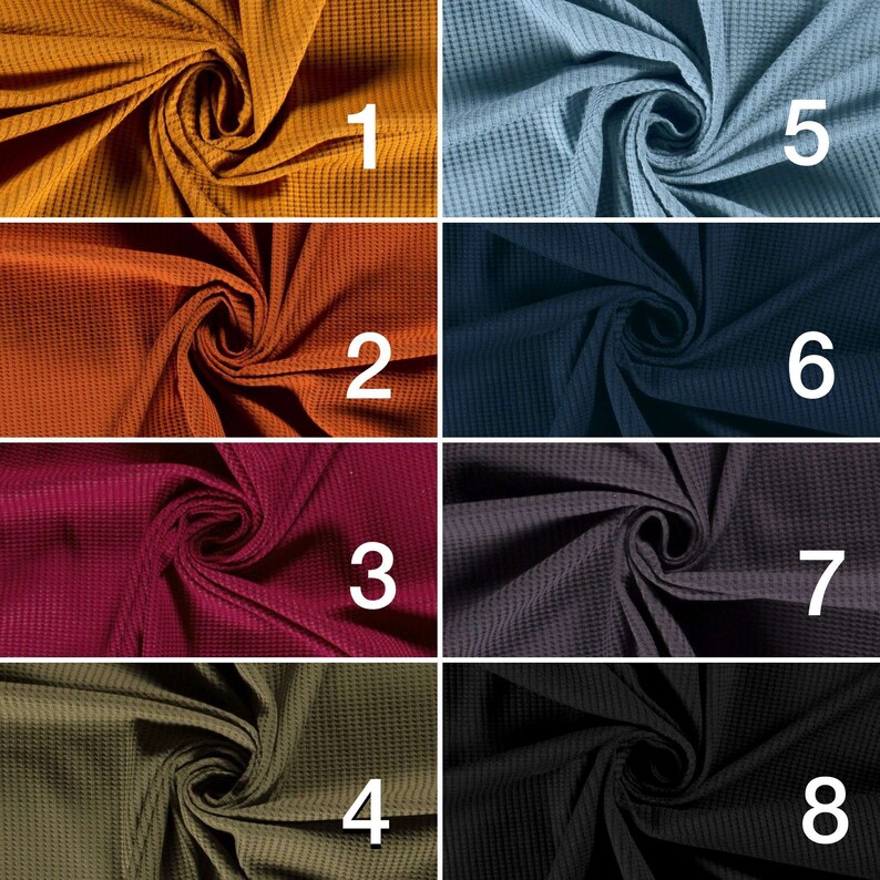 May include: Eight different waffle knit fabric swatches in various colors, including mustard yellow, burnt orange, burgundy, olive green, light blue, navy blue, charcoal gray, and black. Each swatch is numbered 1 through 8.