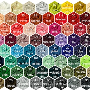 May include: A color chart with 116 fabric swatches in a honeycomb pattern. The swatches are labeled with German names for the colors, such as "beige", "curry", "rot", "lila", "blau", "gr&uuml;n", and "grau".