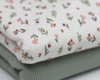 Tulip Flowers Ribbed Jersey Fabric Leaves | Cotton Jersey with Lycra | Ribbed Jersey Stretch Fabric | Ribbed Fabric by the Meter