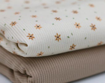 Floral Ribbed Jersey Fabric | Cotton Jersey with Lycra | Ribbed Stretch Jersey Fabric | Ribbed Fabric with Starry Flower Print