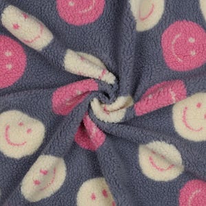 Tessuto in stile retrò con orsacchiotti e faccine sorridenti / Tessuto per cappotti e giacche, faccine sorridenti per zaini