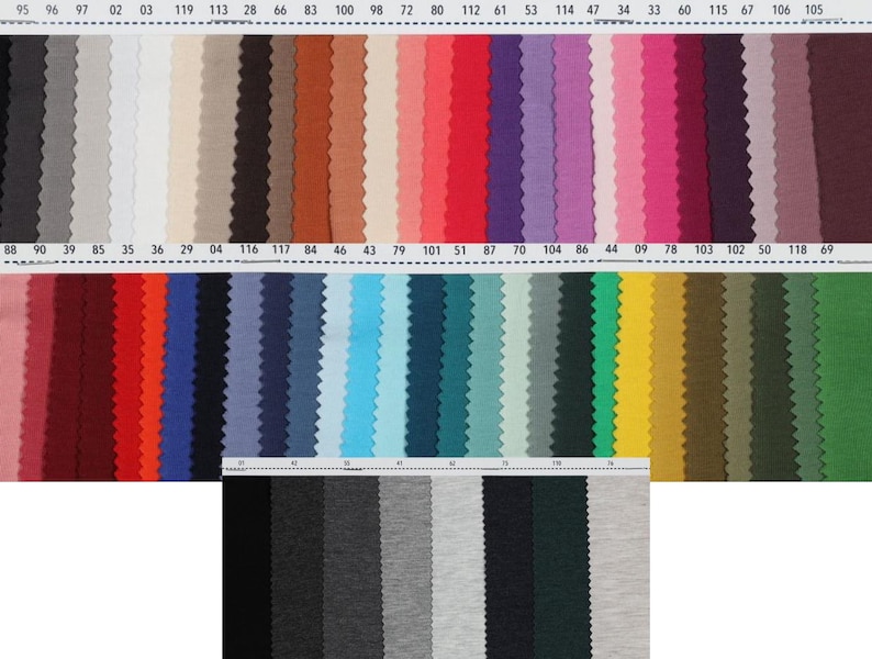 May include: A swatch card with 36 fabric samples in various colors, including black, white, red, blue, green, and brown. The swatches are numbered with corresponding numbers printed above each sample.