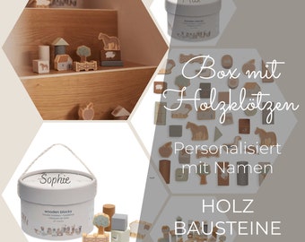 Holzklötze Box Personalisiert - 34 Holzbausteine Bauernhof aus Holz Tiere