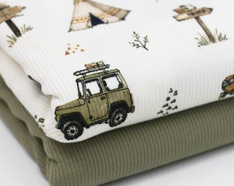 Camping, forest, teepee, ribbed jersey fabric, car, bicycle | Cotton jersey with Lycra | Ribbed jersey stretch fabric | Ribbed fabric by the meter