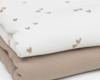 Hearts Ribbed Jersey Fabric, Beige | Cotton Jersey with Lycra | Ribbed Stretch Fabric | Ribbed Fabric by the Meter | Fabric for Sewing