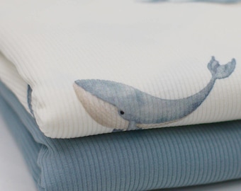 Whale rib knit jersey fabric, blue and ecru, large sea creatures | Cotton jersey with Lycra | Rib jersey stretch fabric | Ribbed fabric by the meter