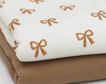 Ribbed Jersey Fabric with Bows, Cocoa | Cotton Jersey with Lycra | Rib Jersey Stretch Fabric | Ribbed Fabric by the Meter | Ribbon